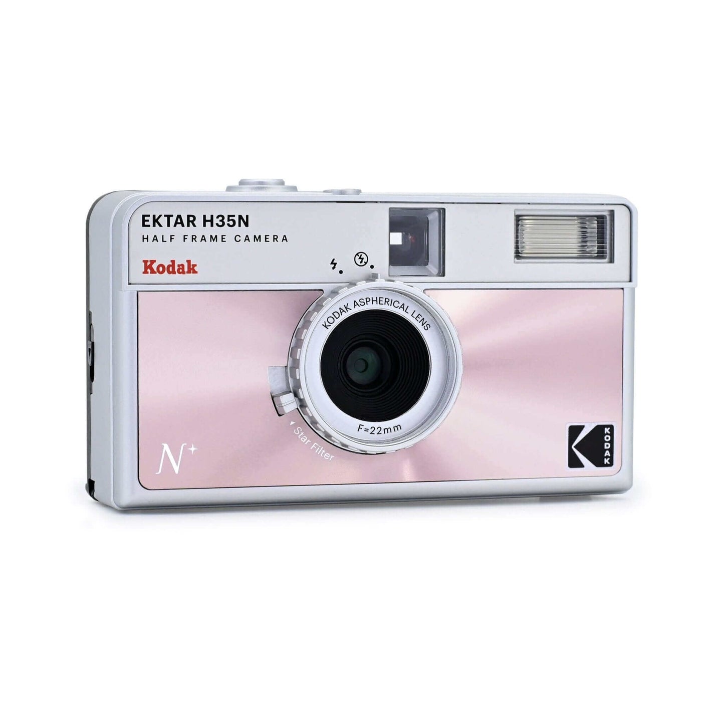 Kodak Ektar H35N half frame camera with pink front and aspherical lens, vintage design, flash, and modern features.