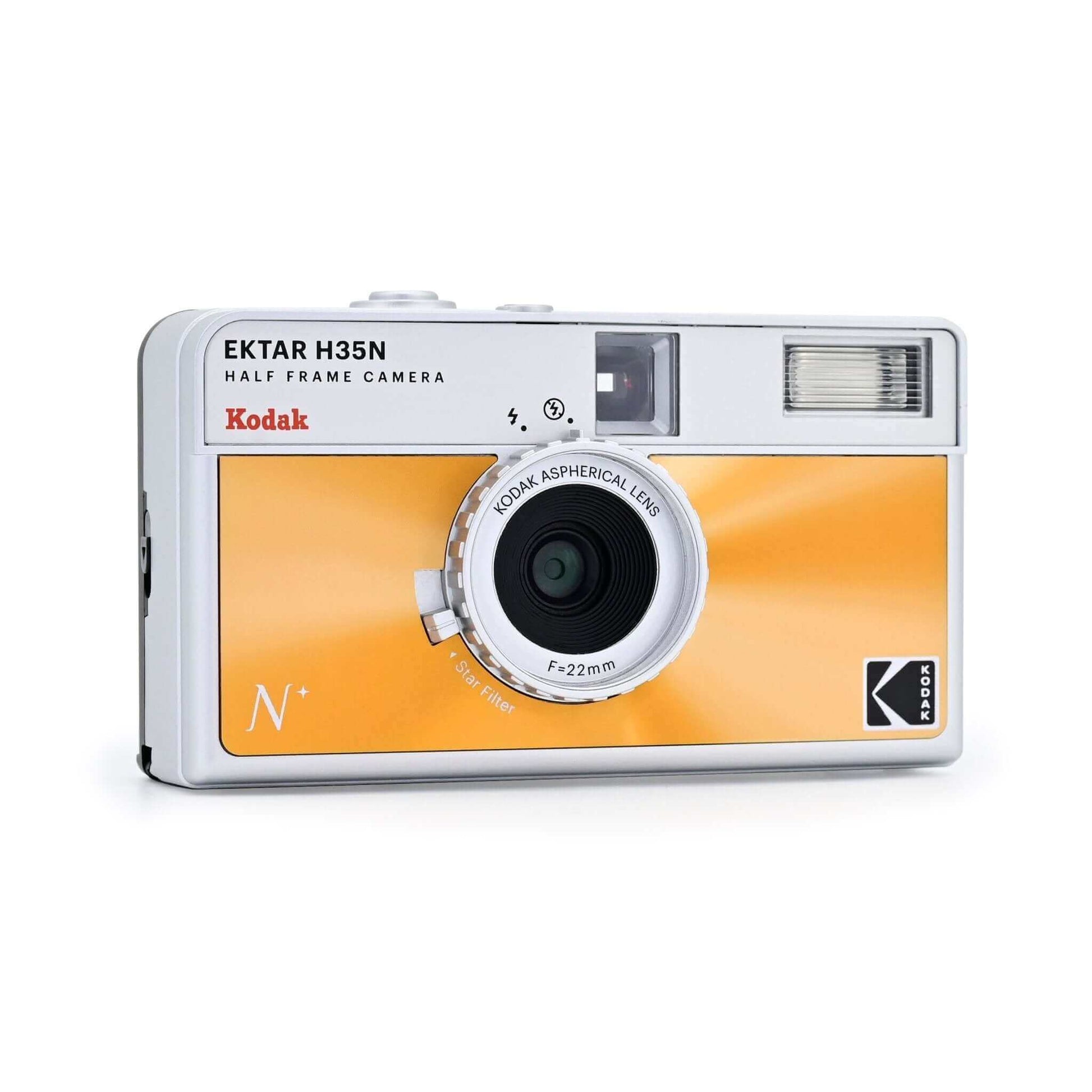 Kodak Ektar H35N Half-Frame 35mm Film Camera with orange design, featuring built-in star filter and bulb shutter.