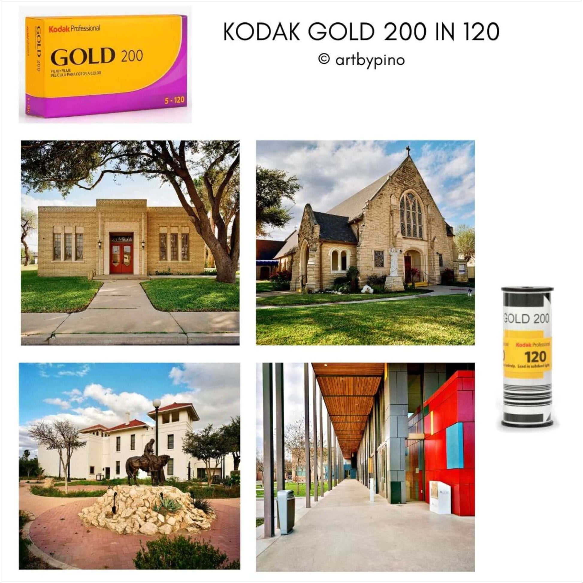Kodak Gold 200 ISO 120 film box and images showcasing photography samples outdoors in various lighting conditions.