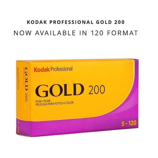 Kodak Professional Gold 200 medium format film pack, 5 rolls, ideal for vivid color and sharp images.