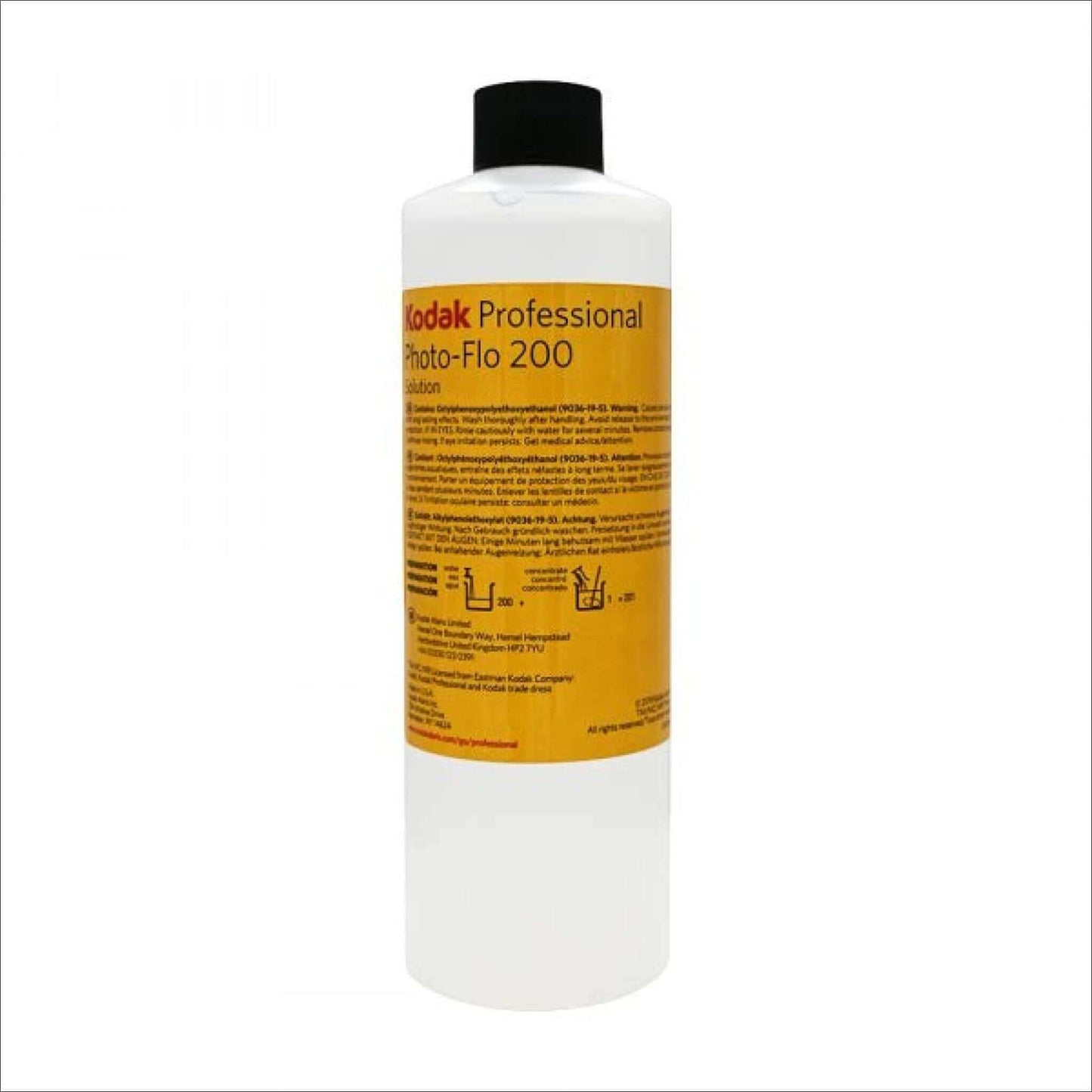 Kodak Professional Photo-Flo 200 Solution bottle for film development, white bottle with yellow and black label, 16oz