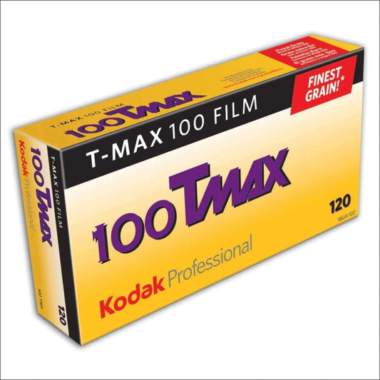 Kodak Tmax 100 ISO 120 medium format black and white film 5-pack, known for fine grain and high sharpness.