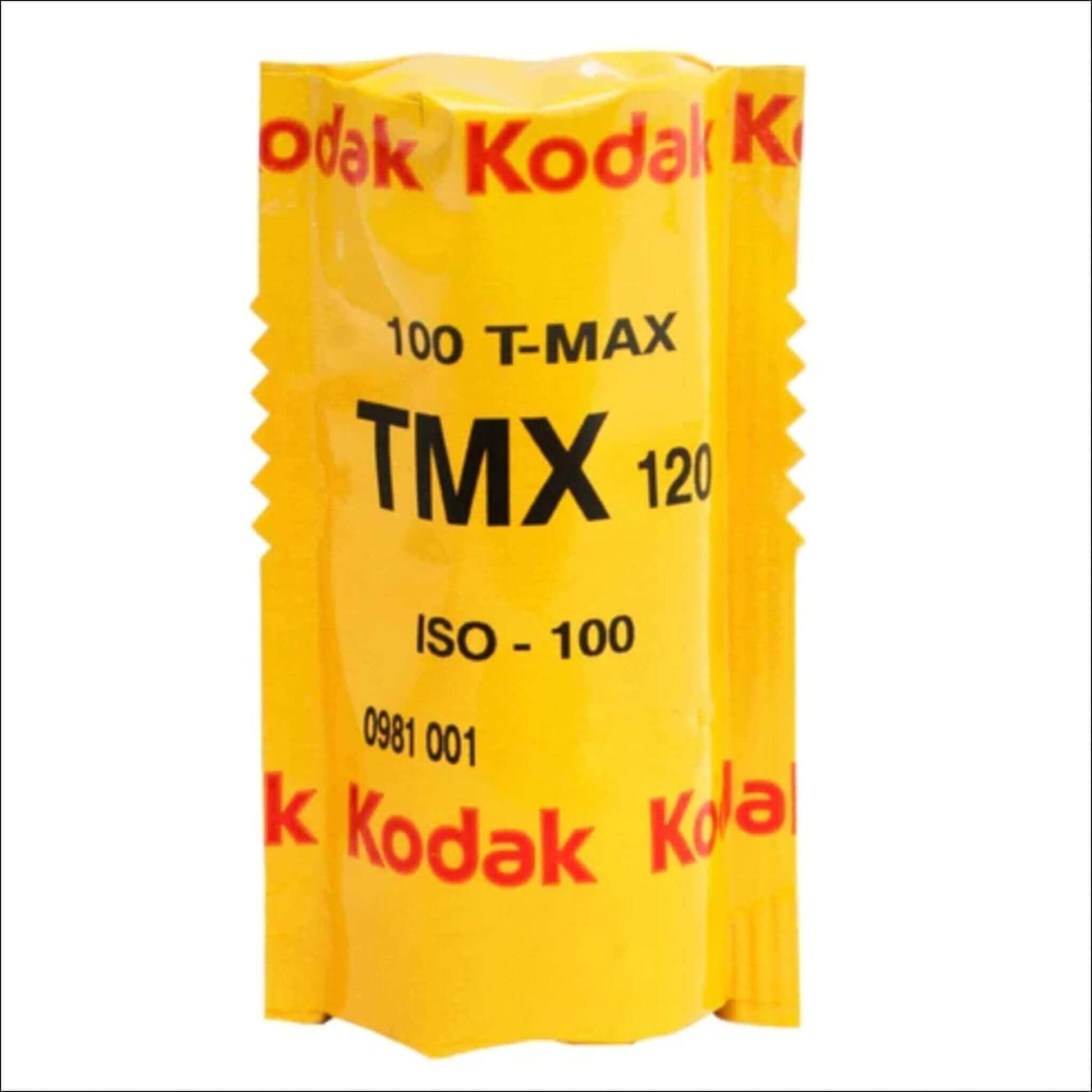 Kodak TMAX 100 120 film roll, ISO 100, yellow packaging with red Kodak branding