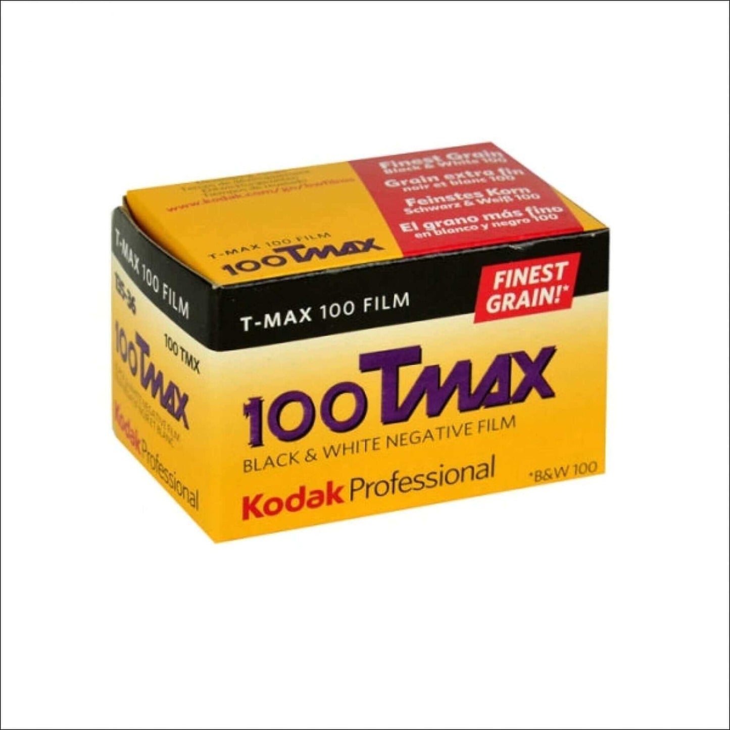 Kodak Professional 100 TMAX Black and White Negative Film box with finest grain quality features displayed.