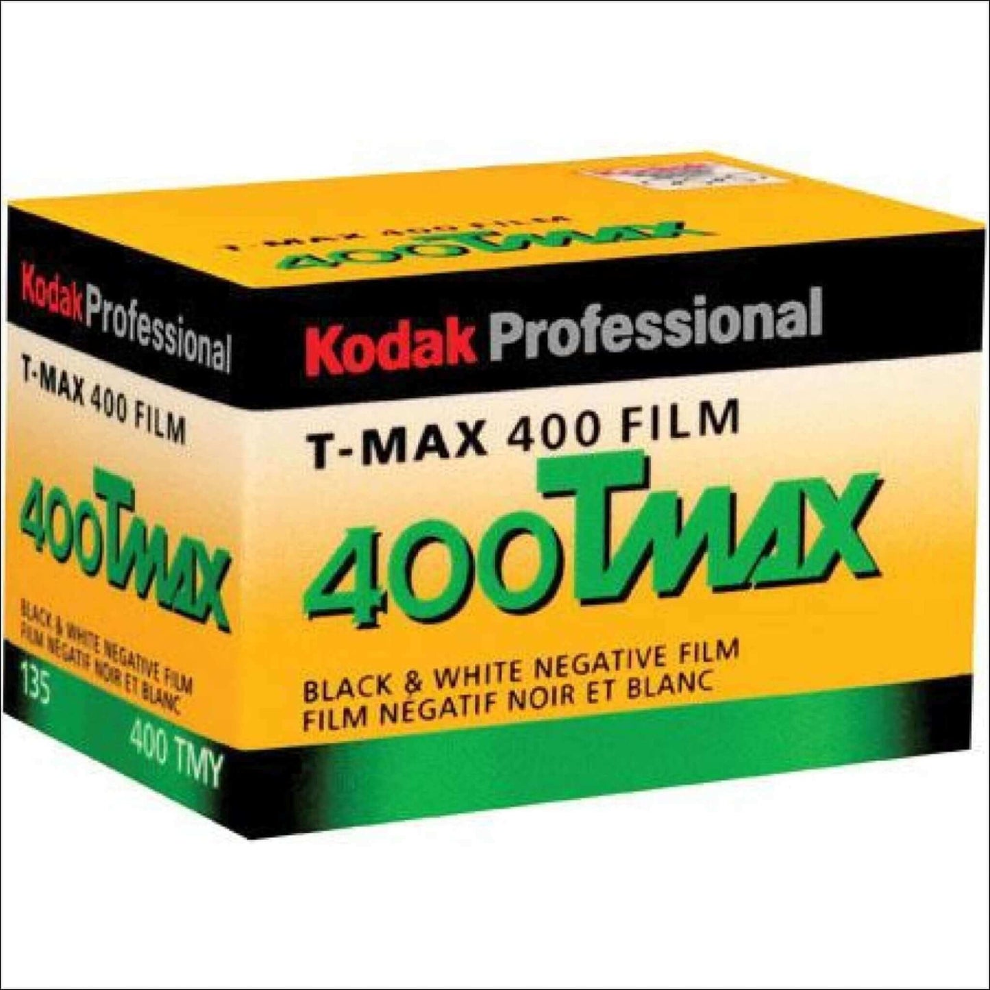 Kodak T-Max 400 ISO black and white 35mm film box, 36 exposures, professional quality.