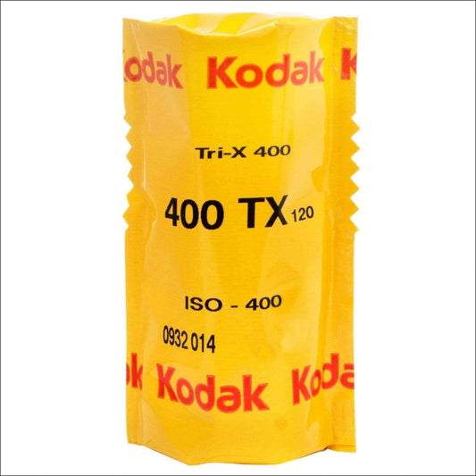 Kodak Tri-X 400 black and white 120 film roll with ISO 400 rating and yellow packaging