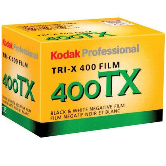 Kodak Professional TRI-X 400 TX black and white negative film box with yellow and green packaging.