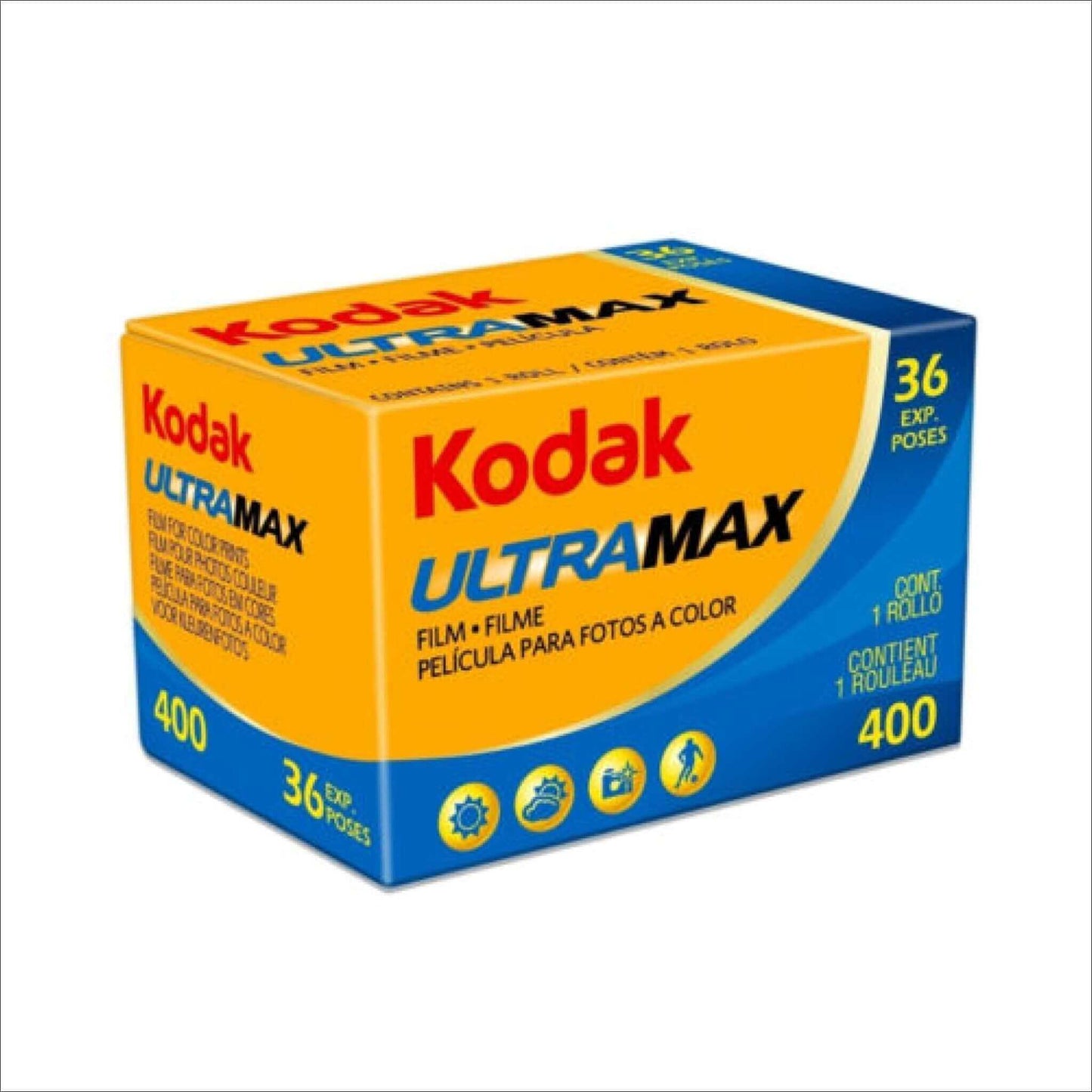 Kodak UltraMax 400 color film box containing one roll with 36 exposures, suitable for vibrant and high-quality photos.