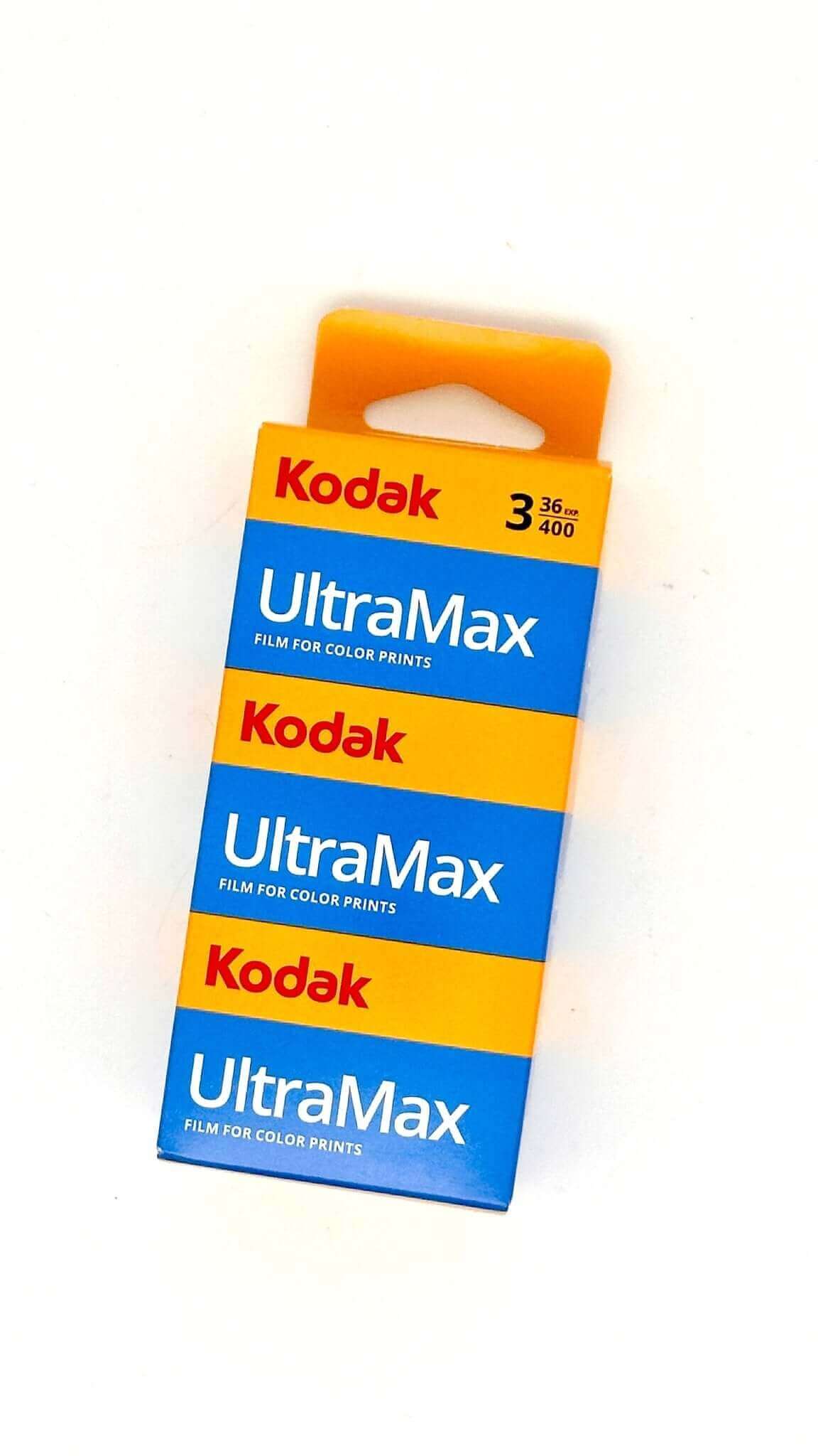 Kodak UltraMax 400 film pack for color prints, three rolls of 35mm film in blue and yellow packaging