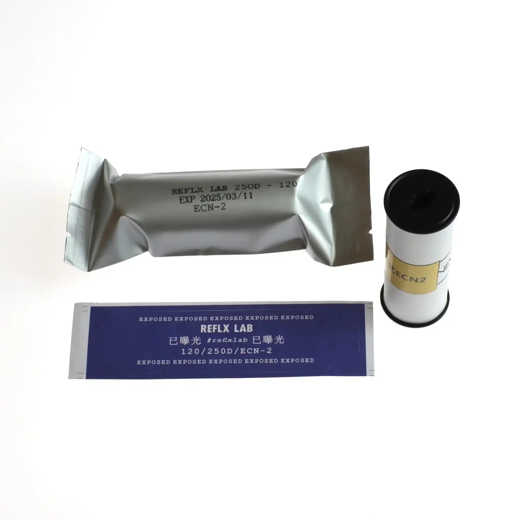 Reflex Lab 250D film roll with packaging and label displaying expiry date and specifications