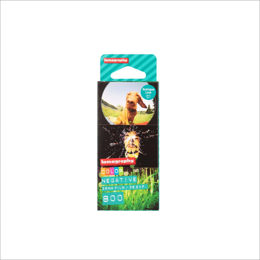Lomography 800 Color Negative Film packaging for 35mm with vibrant colors and nature-themed design.