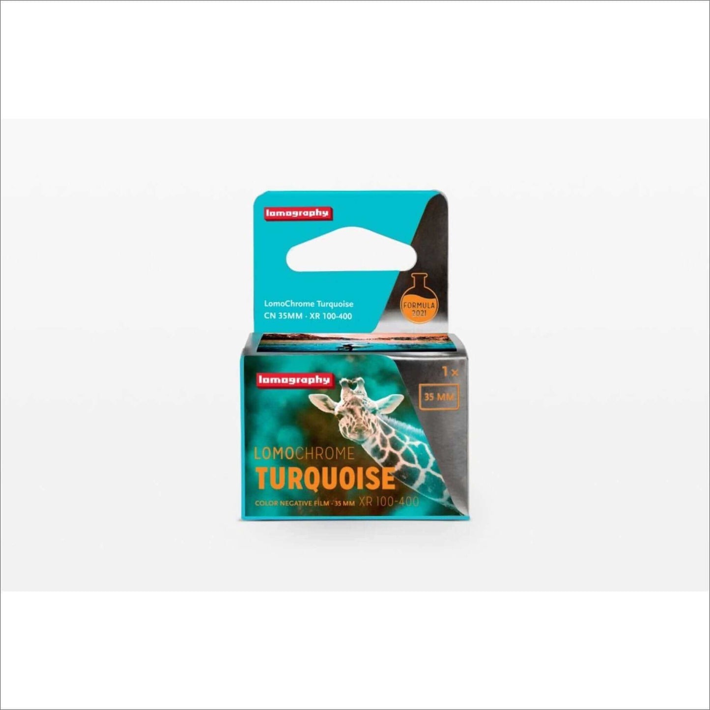 Lomography LomoChrome Turquoise 35mm color negative film box, ISO 100–400, ideal for vibrant turquoise tones.