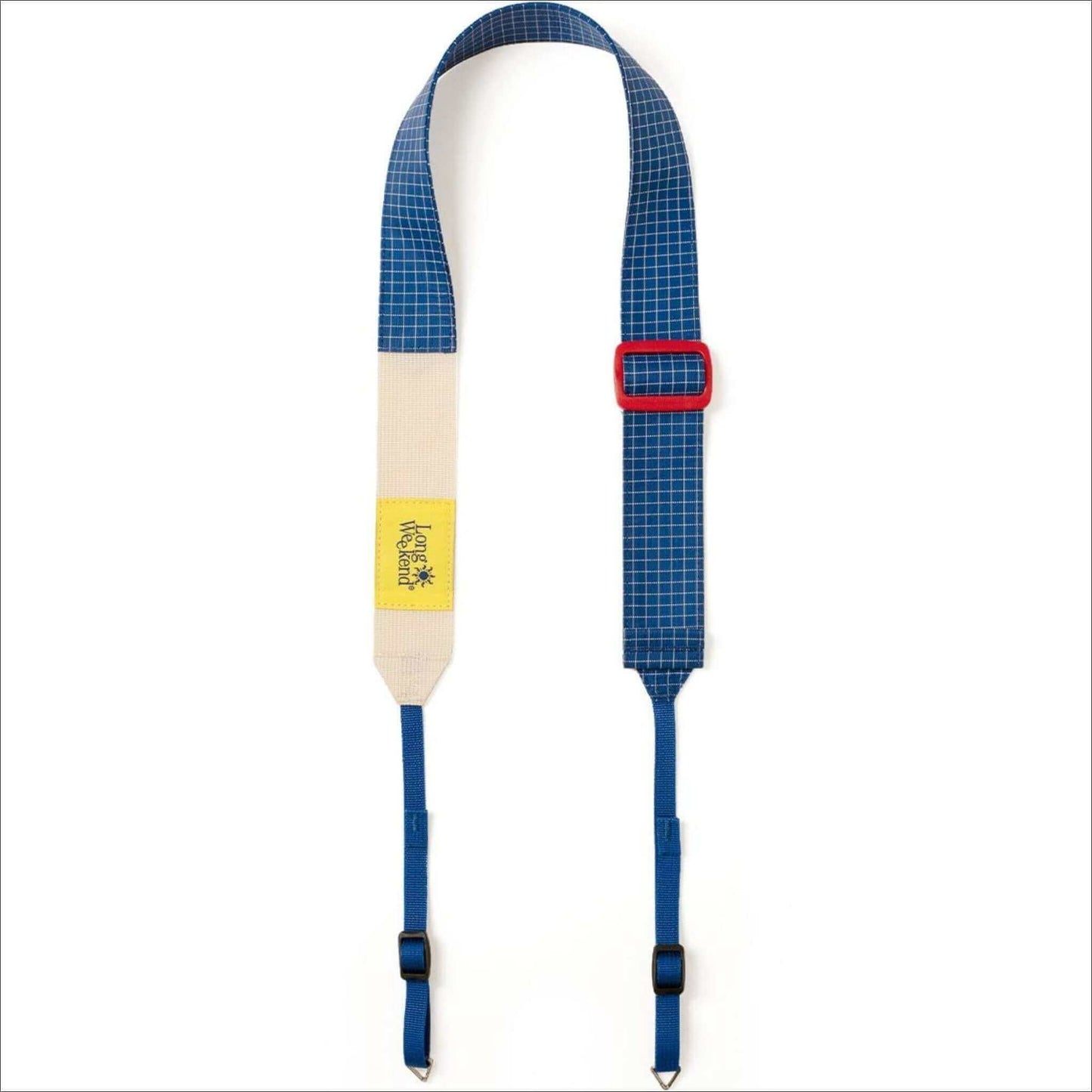 Blue adjustable camera strap with red buckle and yellow label.