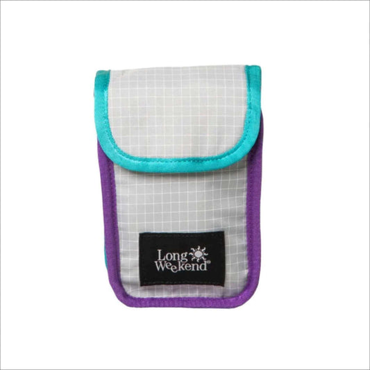 Small colorful pouch with Long Weekend logo, featuring a grid-patterned design and a turquoise, purple, and white color scheme.