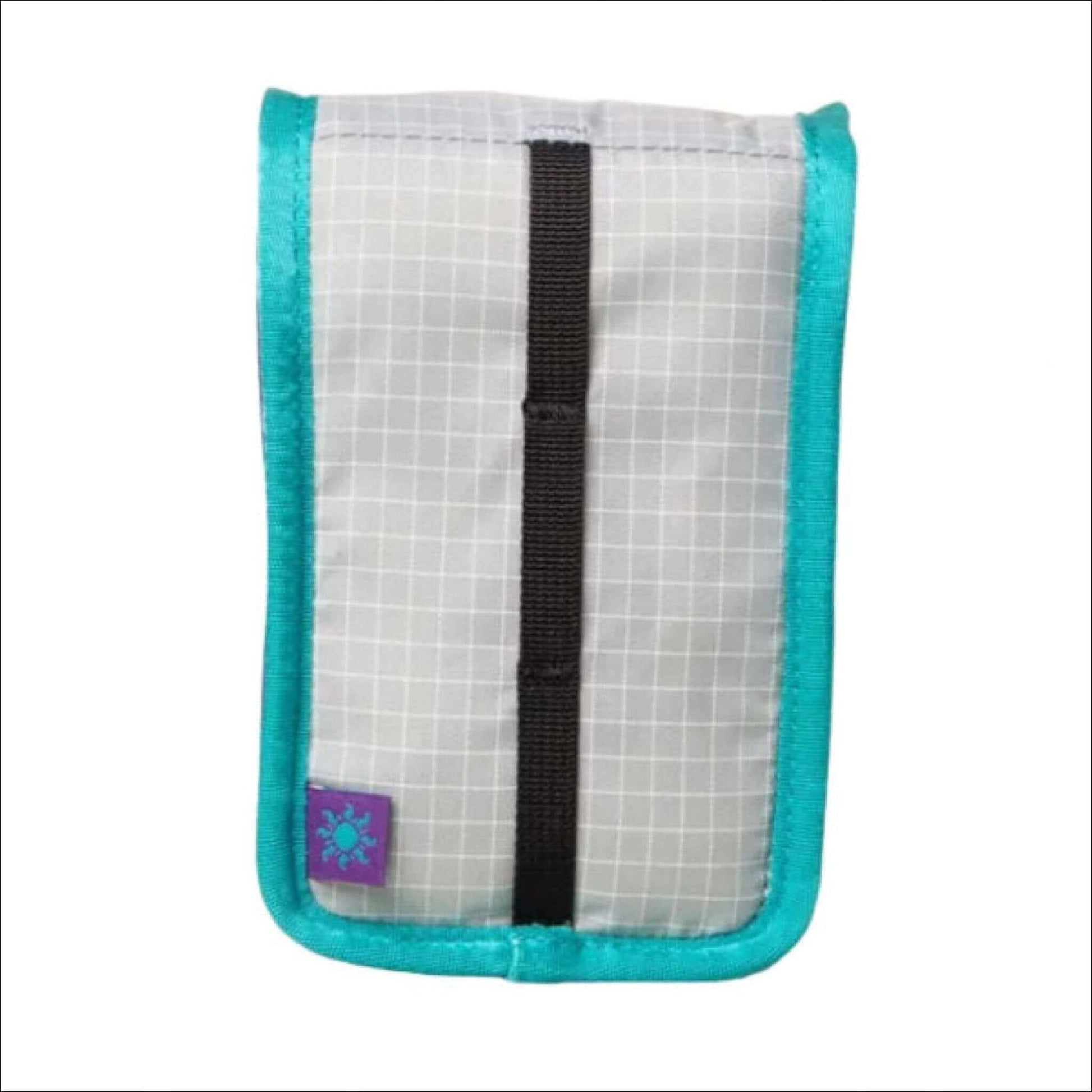 Compact grey and turquoise checkered fabric pouch with black strip and small purple logo. Ideal for organizing small items.