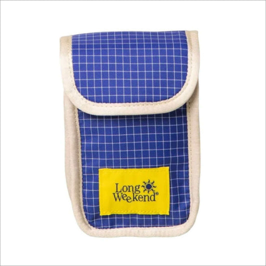 Blue and white grid-patterned pouch with Long Weekend yellow logo at the front.