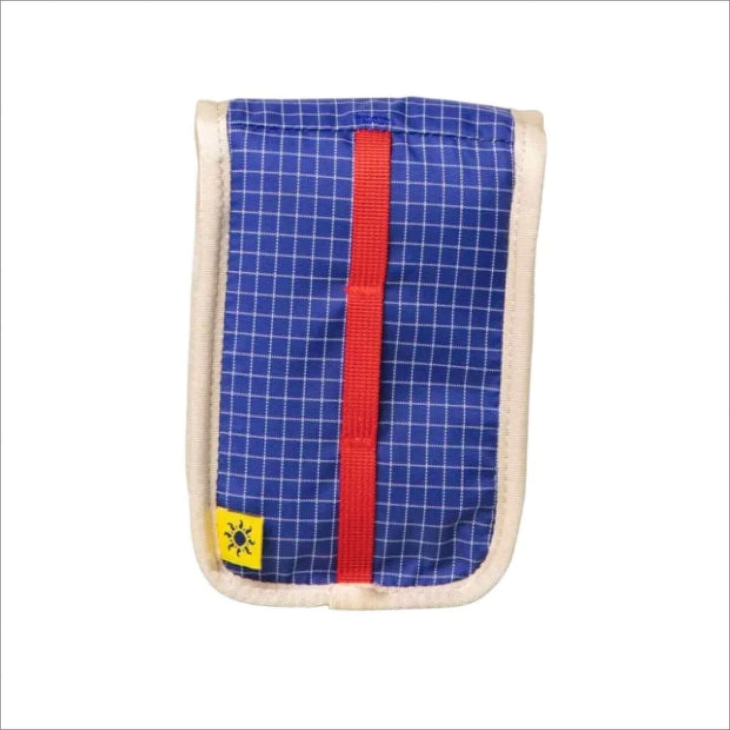 Blue grid-patterned pouch with red strap and yellow sun logo on white background