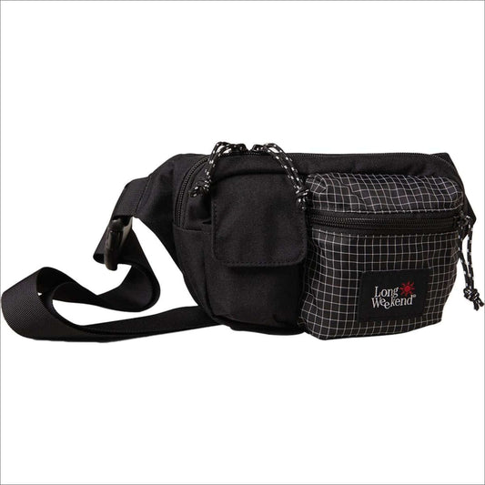 Black Long Weekend waist bag with multiple pockets and adjustable strap.