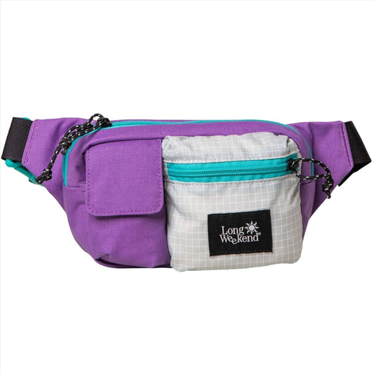 Purple and grey fanny pack with turquoise zippers and "Long Weekend" logo on front pocket.