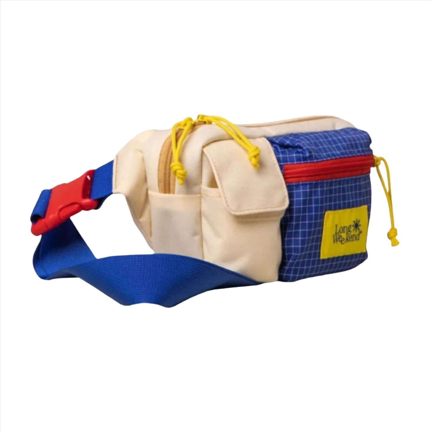 Beige and blue hip bag with red zipper, yellow pull cords, and blue strap from Long Weekend.