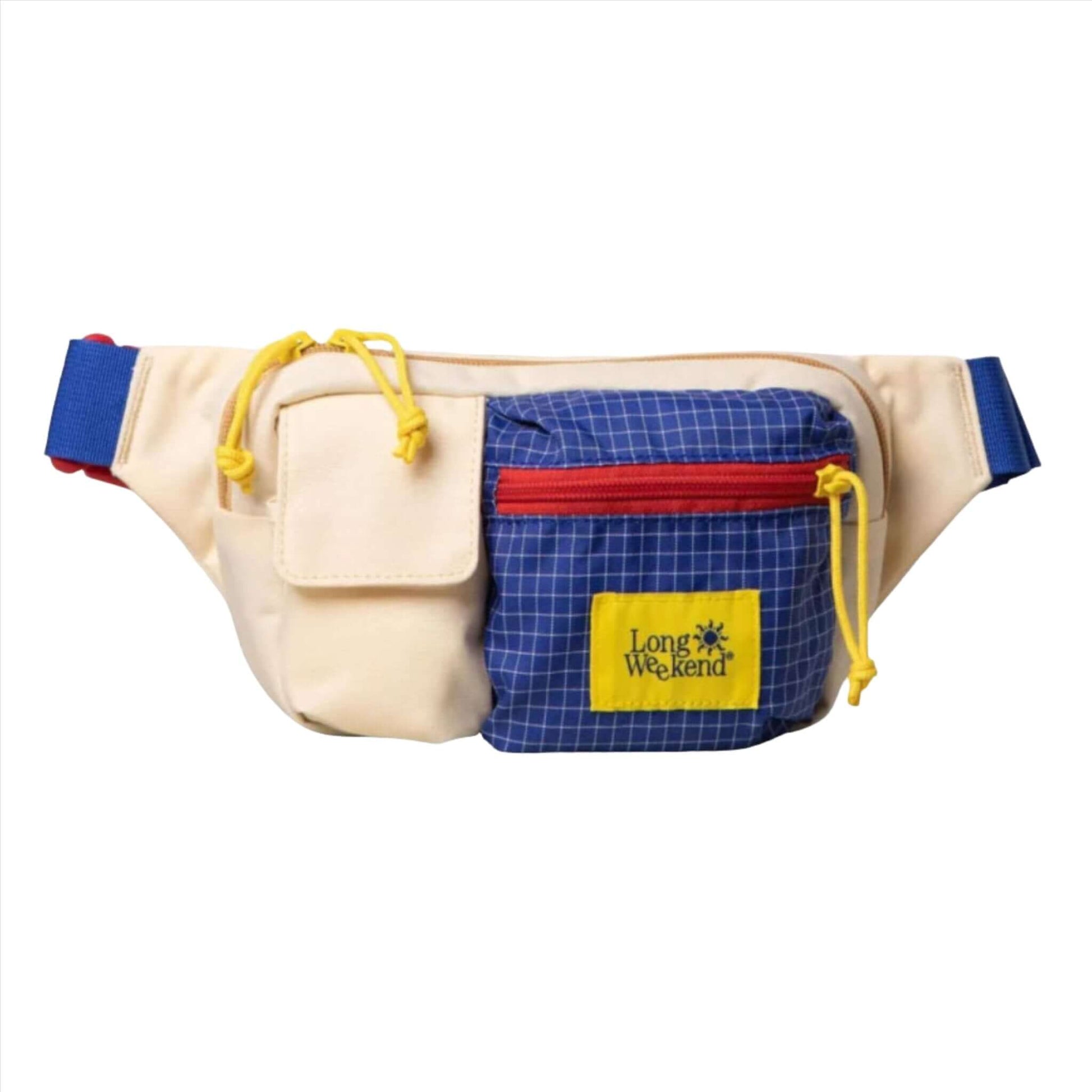 Retro-style beige and blue fanny pack with red zippers and yellow accents, featuring the Long Weekend logo.