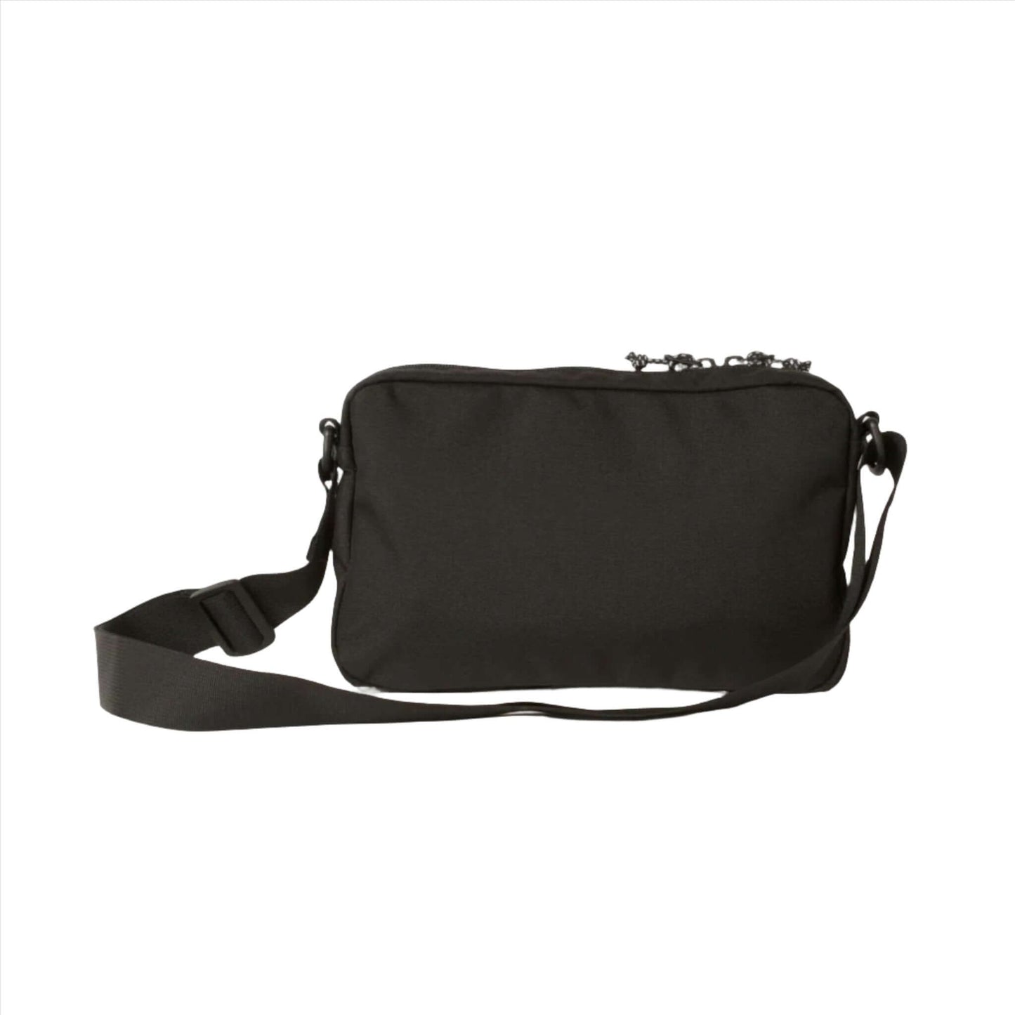 Black crossbody bag with adjustable strap and multiple zippers