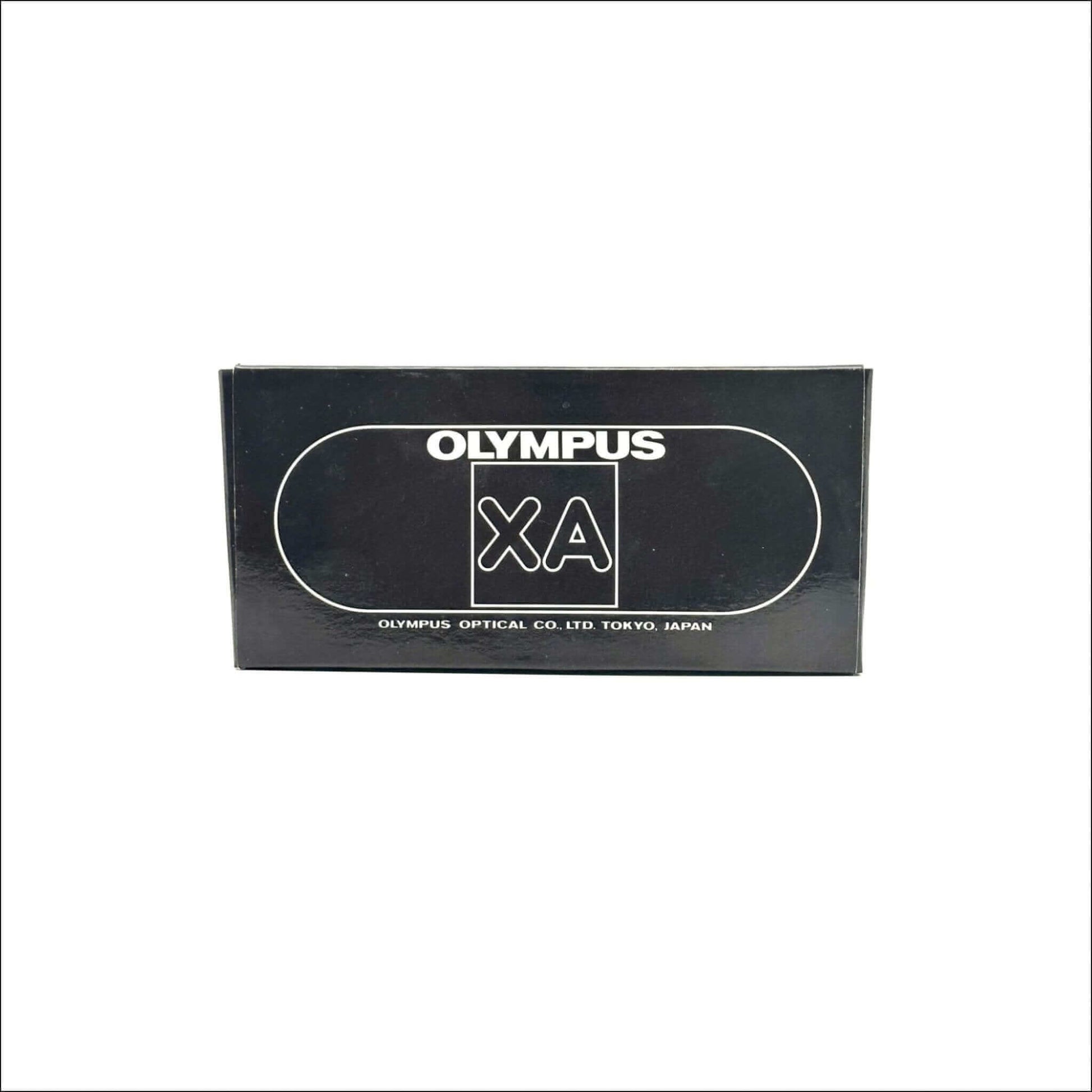 Olympus XA vintage 35mm film camera box featuring logo and branding in black.
