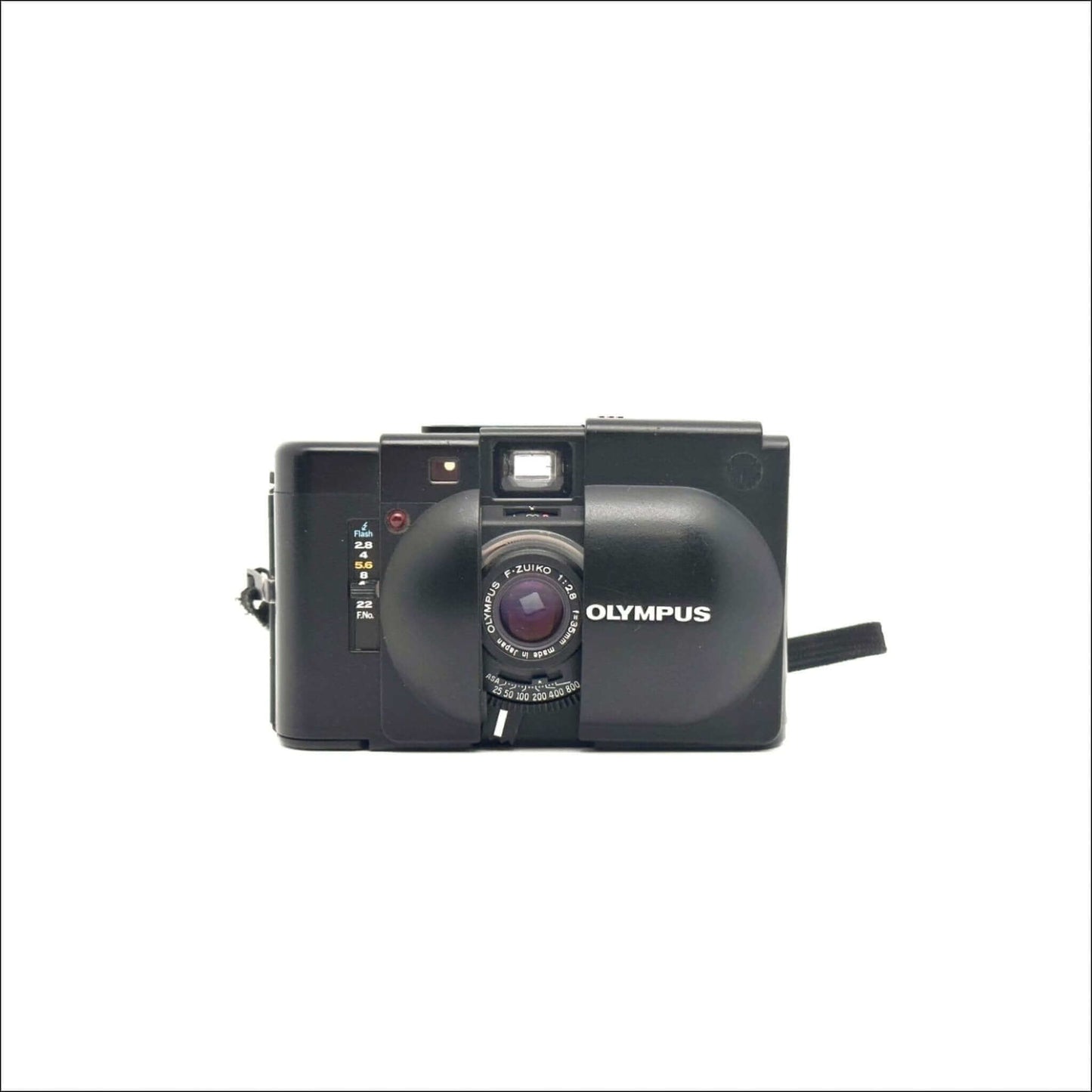 Vintage black Olympus camera with lens and viewfinder against a white background.