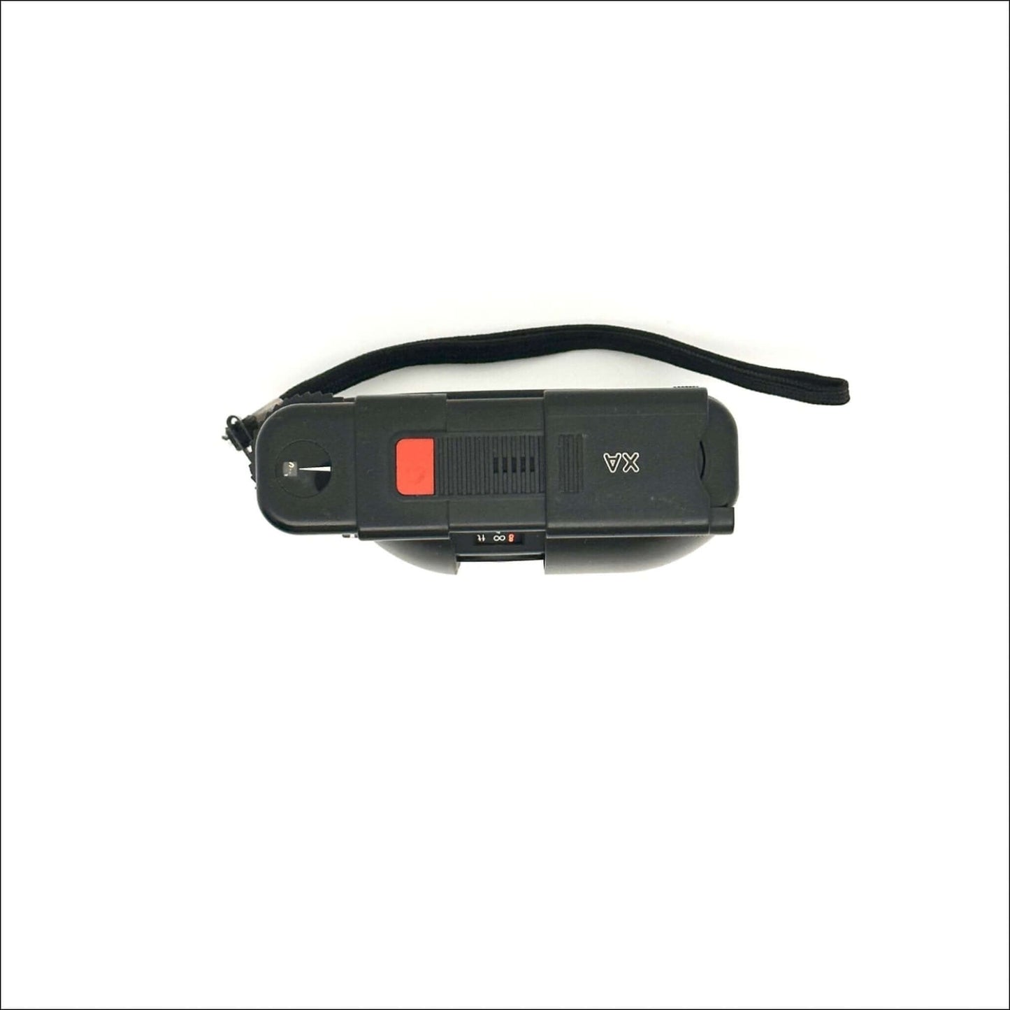 Vintage black VX camcorder with a red button and wrist strap on a white background