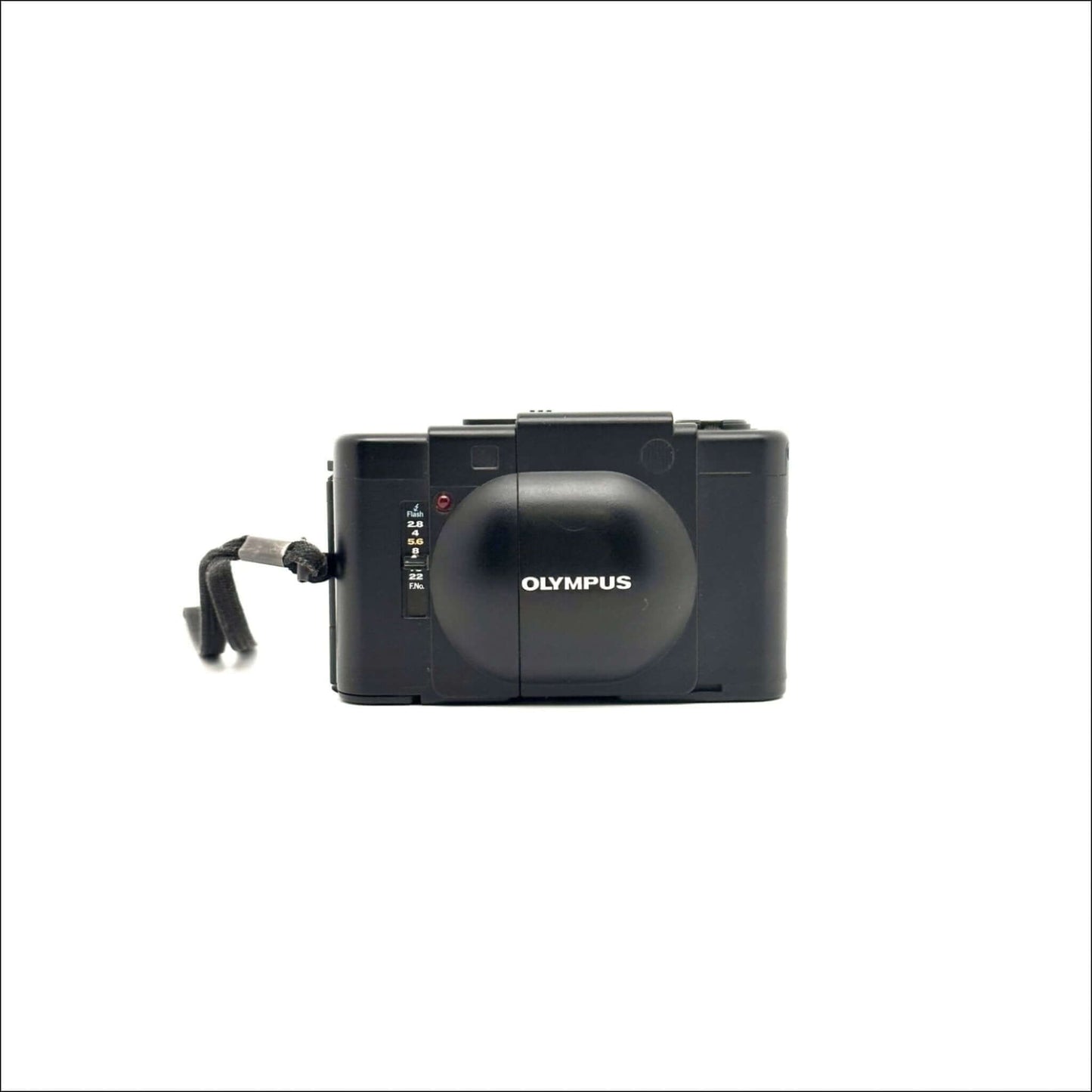 Vintage black Olympus camera with wrist strap, front view