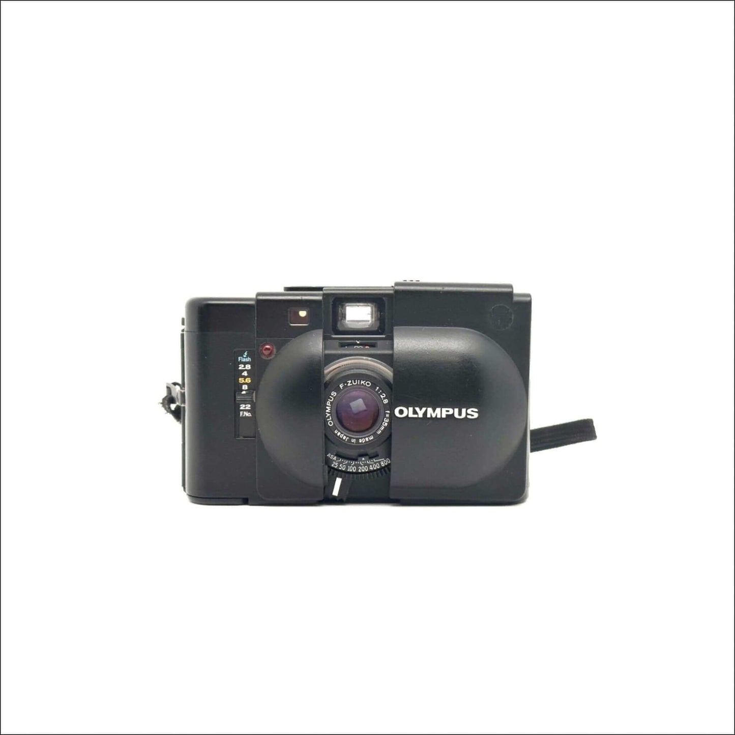 Classic Olympus vintage film camera with a sleek black design on a white background.