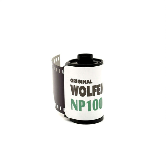 Orwo Wolfen NP100 100 ISO Black and White 35mm film in plastic canister with exposed film.