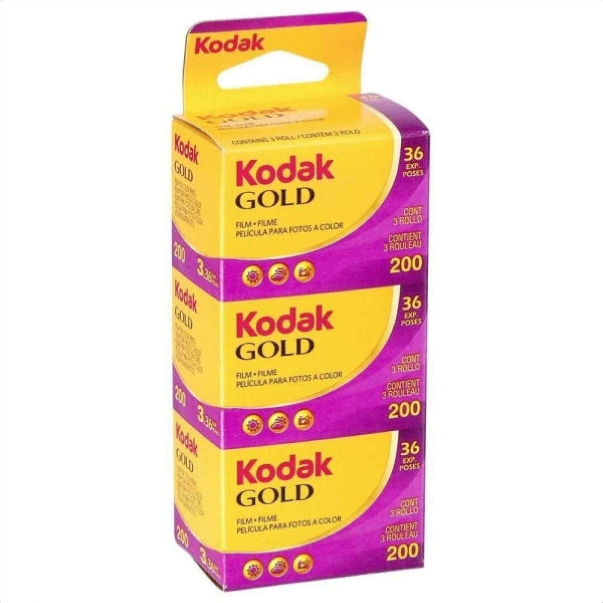 Kodak Gold 200 Color Film Pack of 3 with 36 exposures per roll in yellow and purple packaging