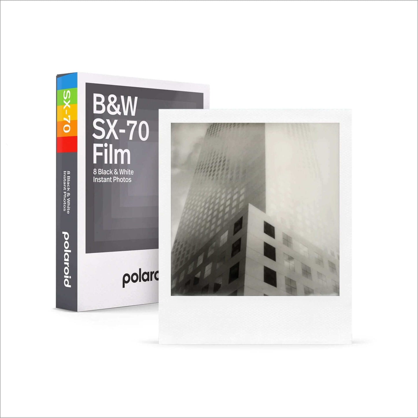 Polaroid B&W SX-70 Film box with a black and white instant photo of a building