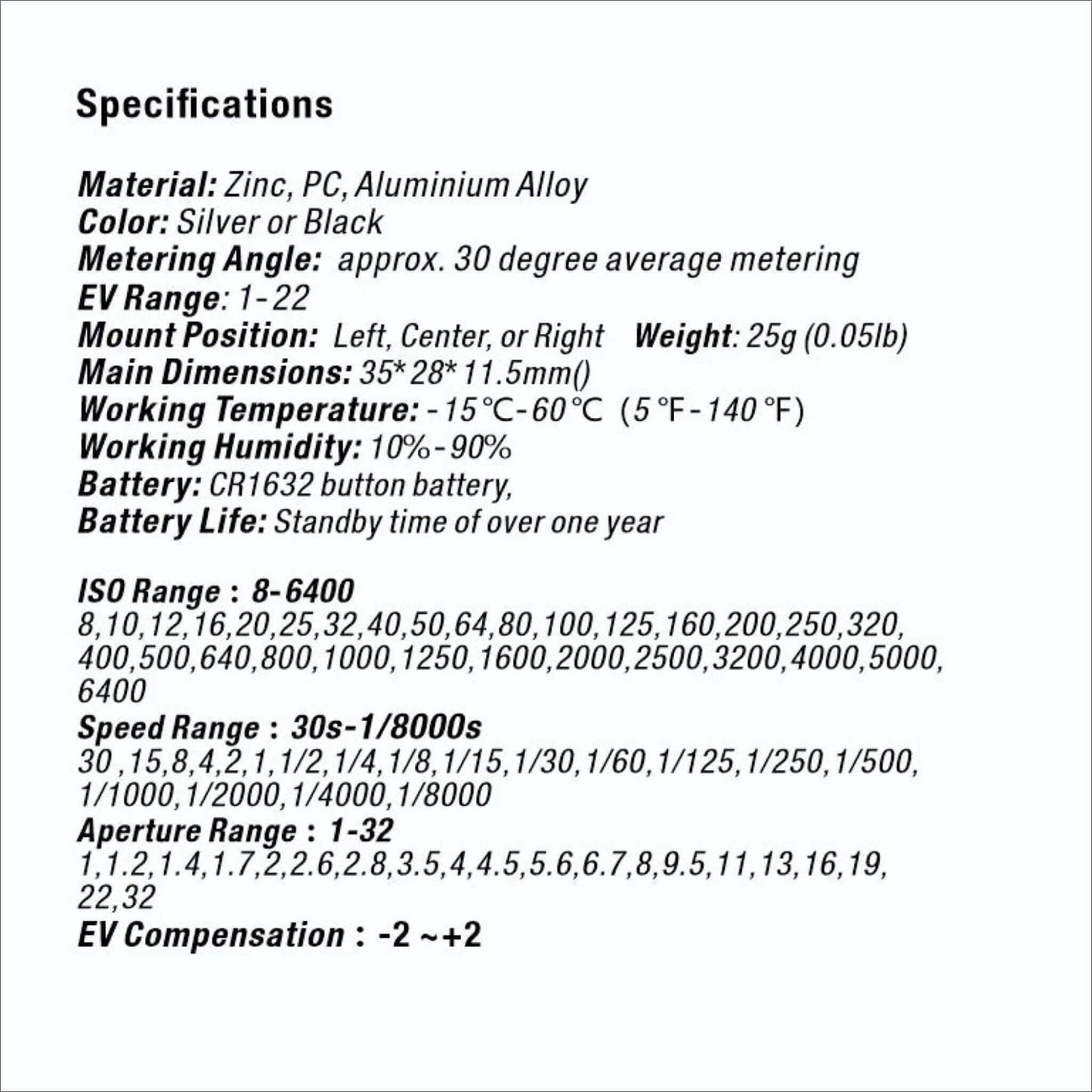 Specification sheet with details on material, color, metering angle, EV range, dimensions, working conditions, battery life, ISO, speed, and EV compensation.