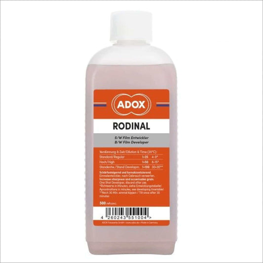 Bottle of ADOX Rodinal B/W film developer 500ml for black and white film photography.