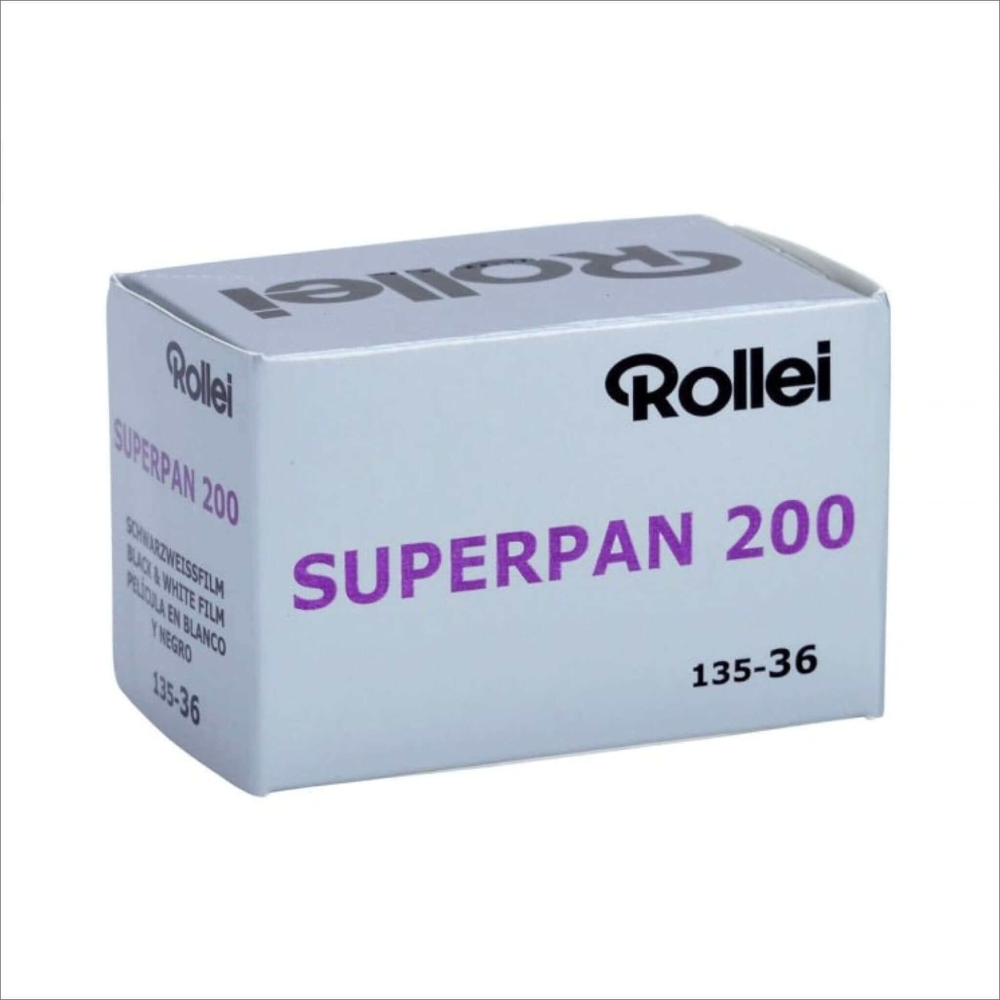 Rollei Superpan 200 BW 35mm film box, high-speed black and white negative film for versatile photography.