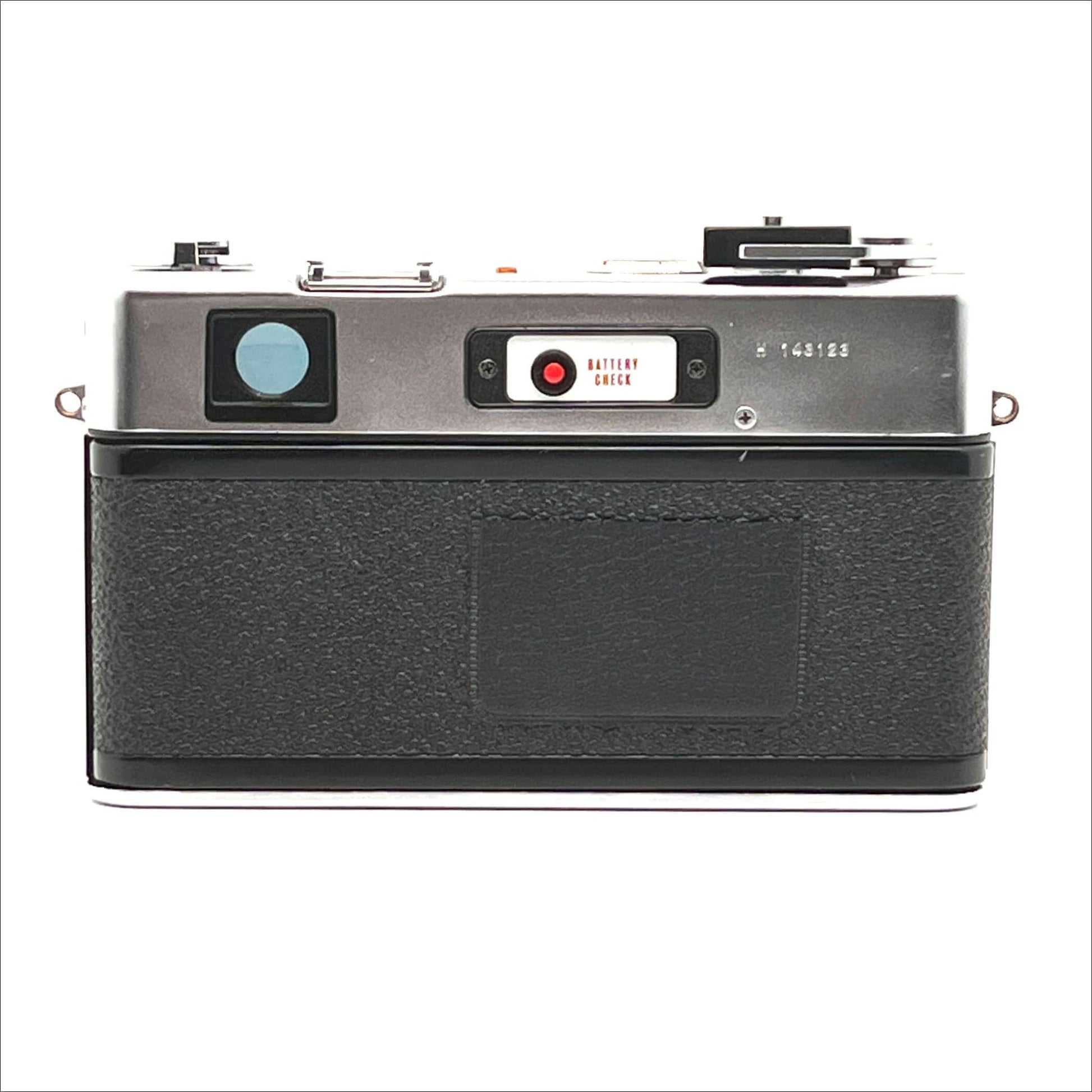 Back view of Yashica Electro 35 GS 35mm rangefinder film camera, showcasing battery check and sleek design.